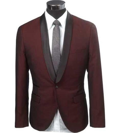 Cheap Priced Blazer Jacket For Men Online Slim Fit 1 Button Burgundy ~ Wine ~ Maroon Color Two Toned Black Lapel Satin Shawl Collar Dinner Jacket Looking! Burgundy Tuxedo by menssuitsatlantain