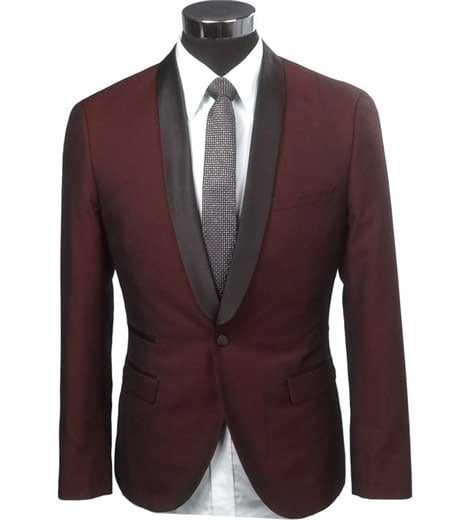 Cheap Priced Blazer Jacket For Men Online Slim Fit 1 Button Burgundy ~ Wine ~ Maroon Color Two Toned Black Lapel Satin Shawl Collar Dinner Jacket Looking! Burgundy Tuxedo by menssuitsatlantain