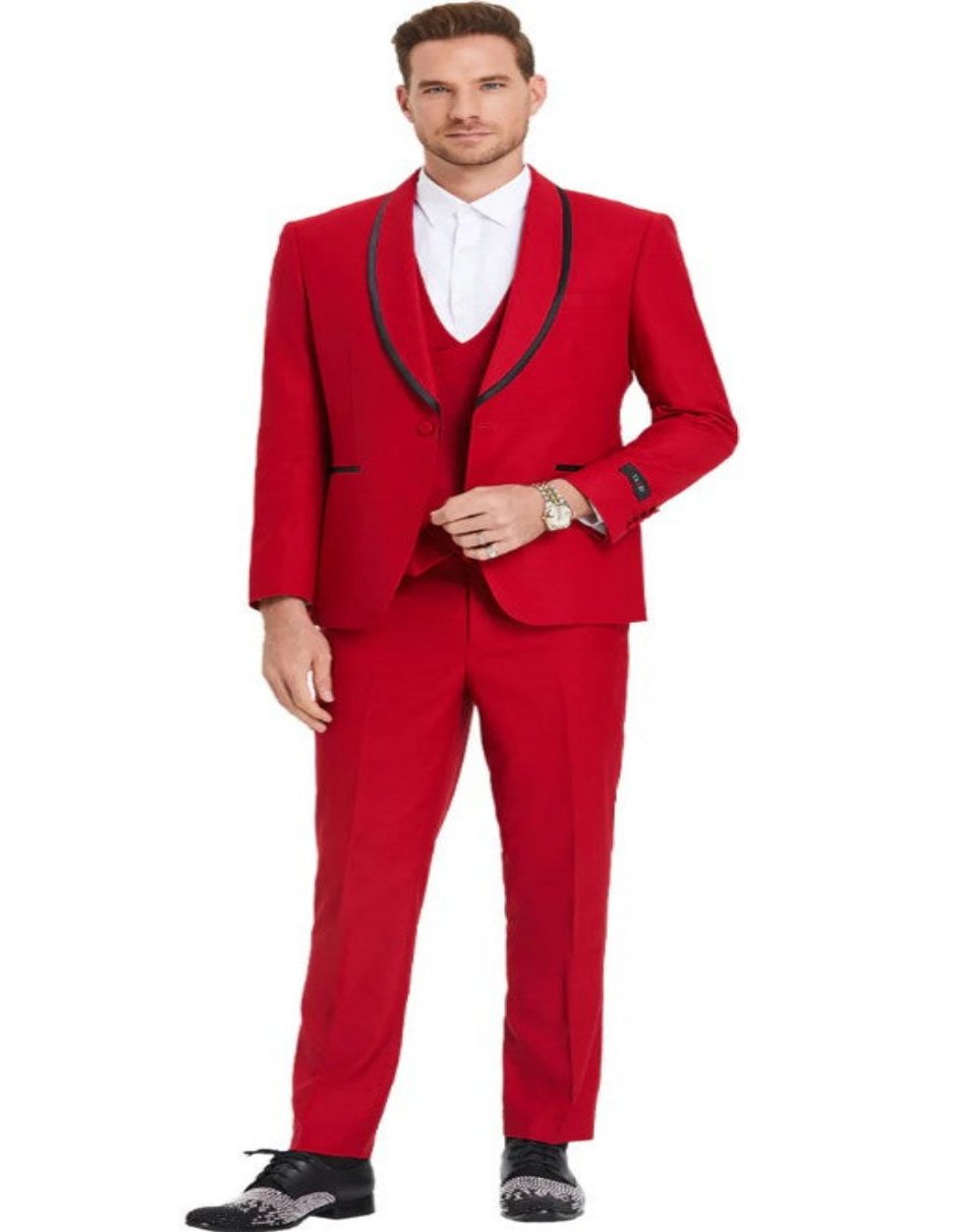 Mens One Button Vested Shawl Tuxedo in Red with Black Satin Trim by Men's Tuxedo USA