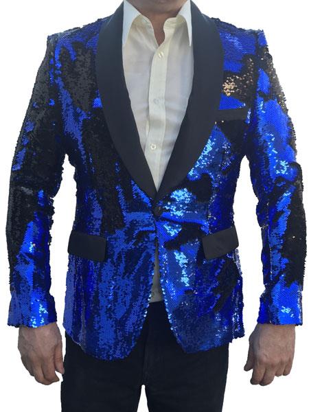Men's Sequin Tuxedo Jacket ~ Flashy Shiny Blazer Sport Coat Dinner Blazer Royal and Black mensusa