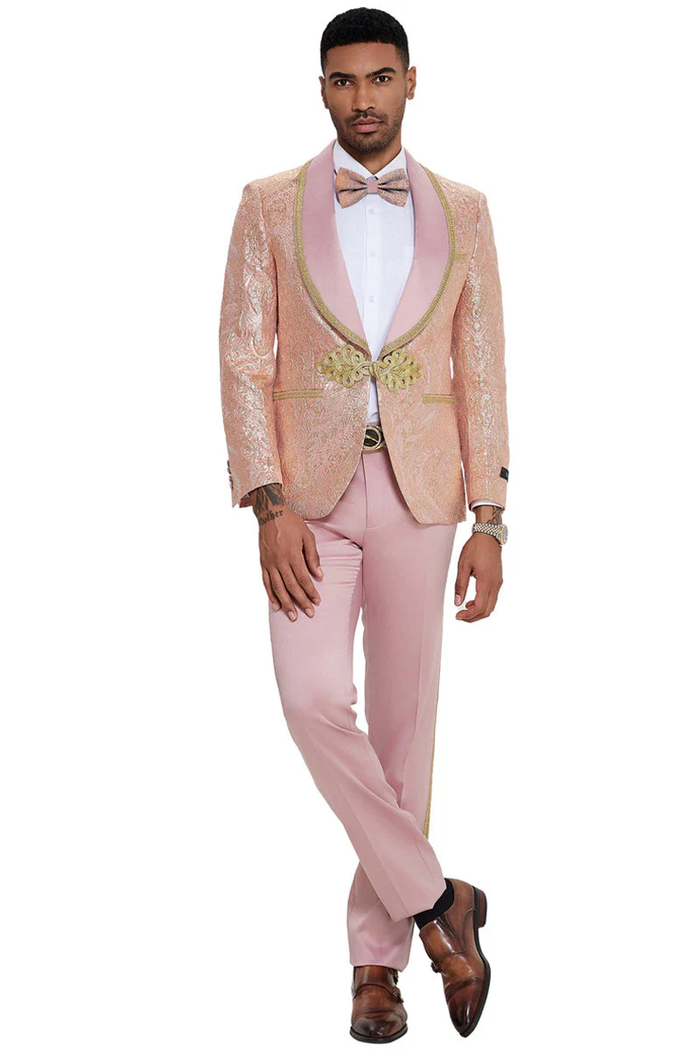 Mens One Button Shawl Lapel Wedding Prom Tuxedo in Shiny Pink Paisley by USA Men's Outlet