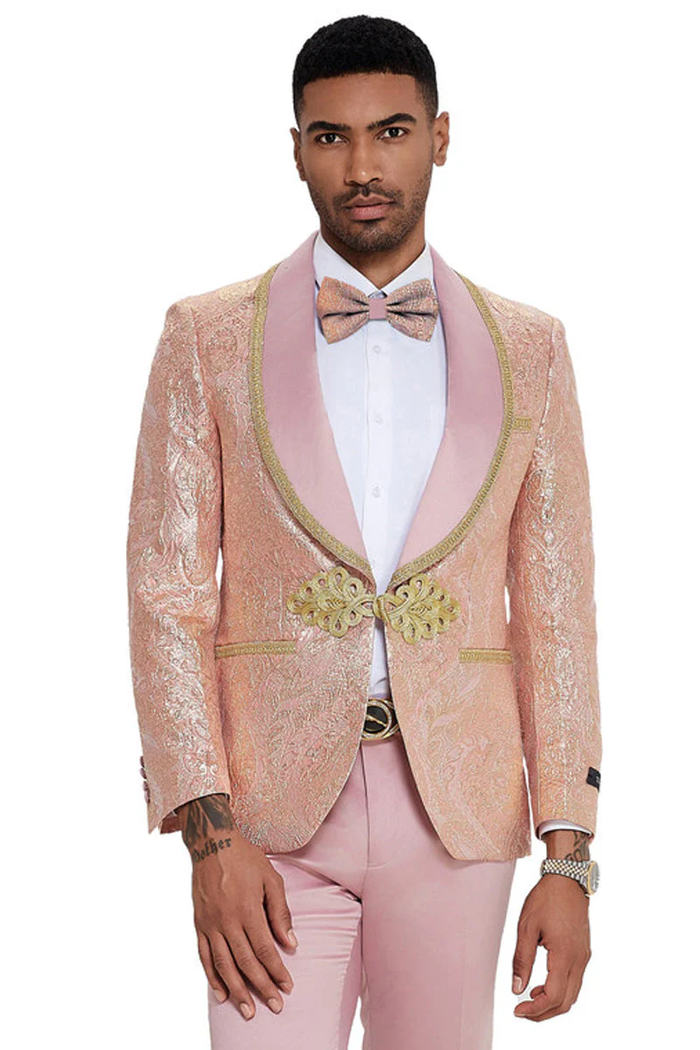 Mens One Button Shawl Lapel Wedding Prom Tuxedo in Shiny Pink Paisley by USA Men's Outlet