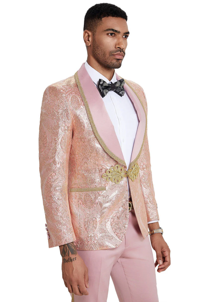Mens One Button Shawl Lapel Wedding Prom Tuxedo in Shiny Pink Paisley by USA Men's Outlet
