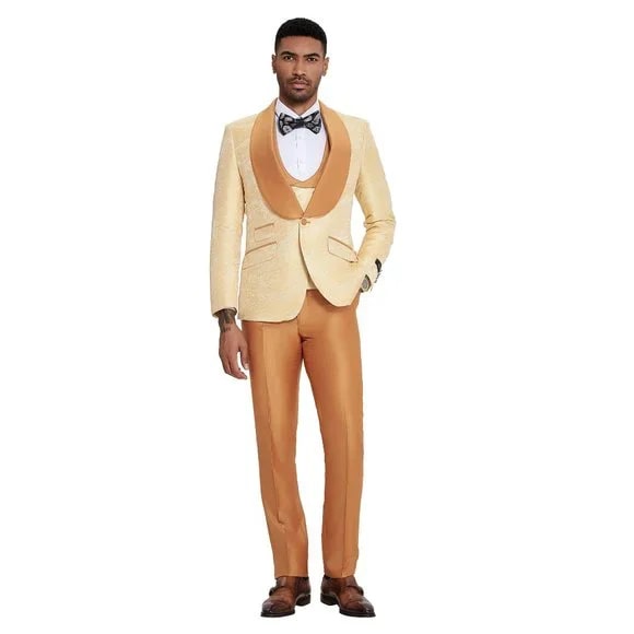 2024 Prom Special Orange Tuxedo Suit w/ Double-Breasted Vest by Tazzio PROMTUXEDO