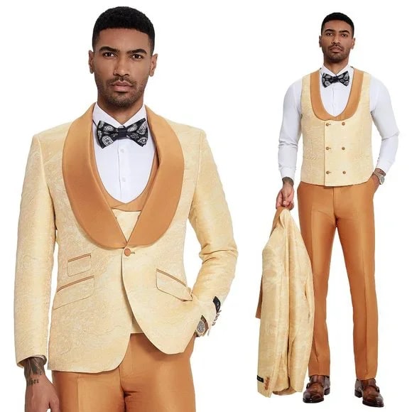 2024 Prom Special Orange Tuxedo Suit w/ Double-Breasted Vest by Tazzio PROMTUXEDO