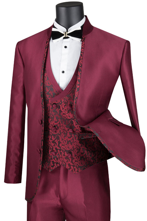 Mens Fancy Vested Mandarin Collar Tuxedo Suit in Silver by Vinci