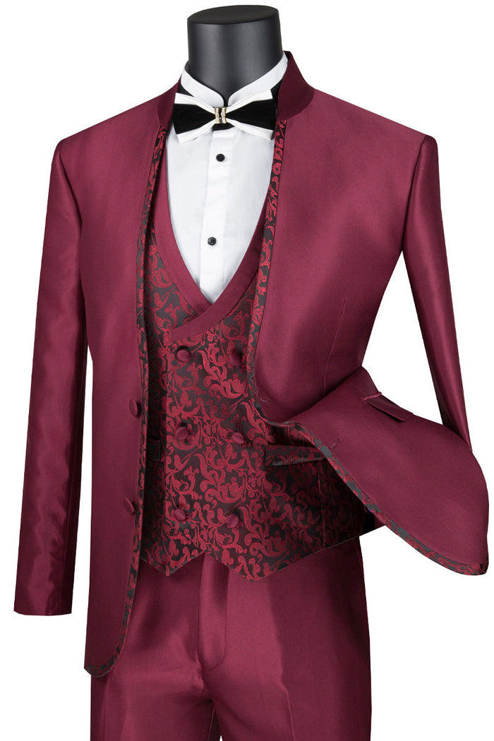 Mens Fancy Vested Mandarin Collar Tuxedo Suit in Silver by Vinci