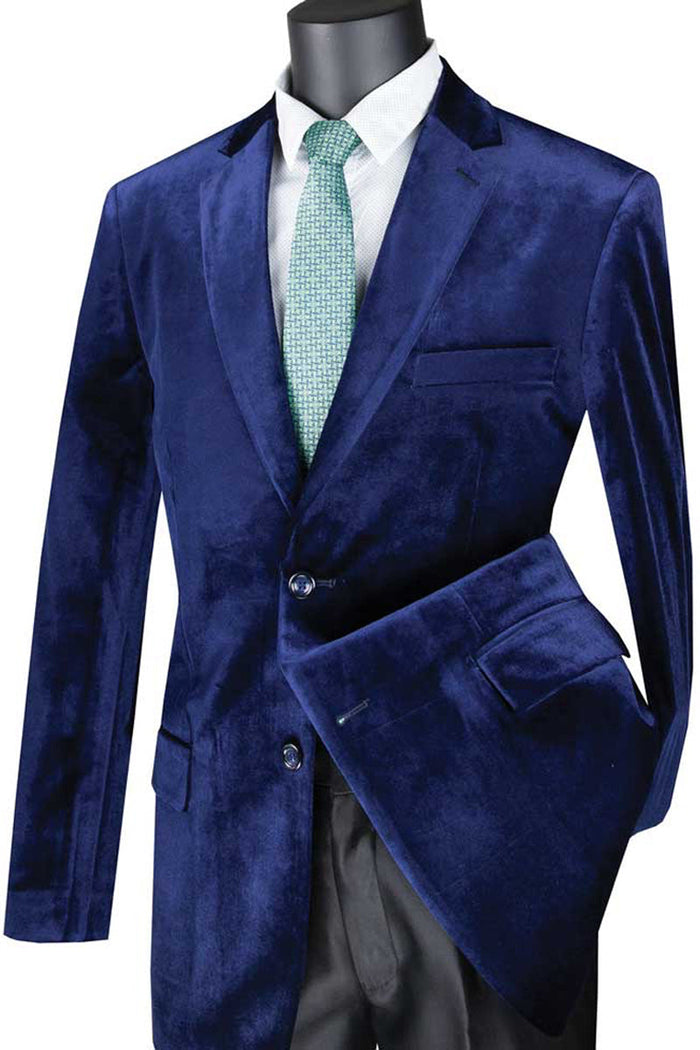 Mens Modern Fit 2 Button Velvet Blazer in Sapphire by Vinci
