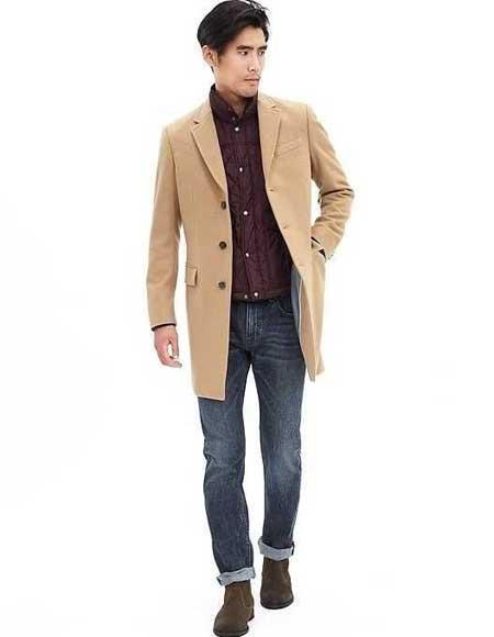 Mens Overcoat Three Quarters Length Men's Long Jacket Dress Coat Camel Wool Blend 3 Button Men's Carcoat ~ Designer Men's Wool Men's Peacoat Sale USA Men's Outlet