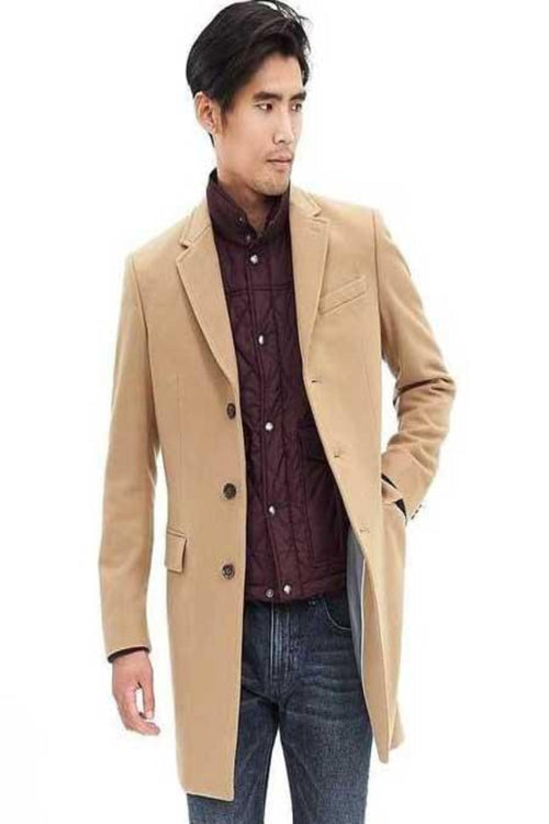 Mens Overcoat Three Quarters Length Men's Long Jacket Dress Coat Camel Wool Blend 3 Button Men's Carcoat ~ Designer Men's Wool Men's Peacoat Sale USA Men's Outlet