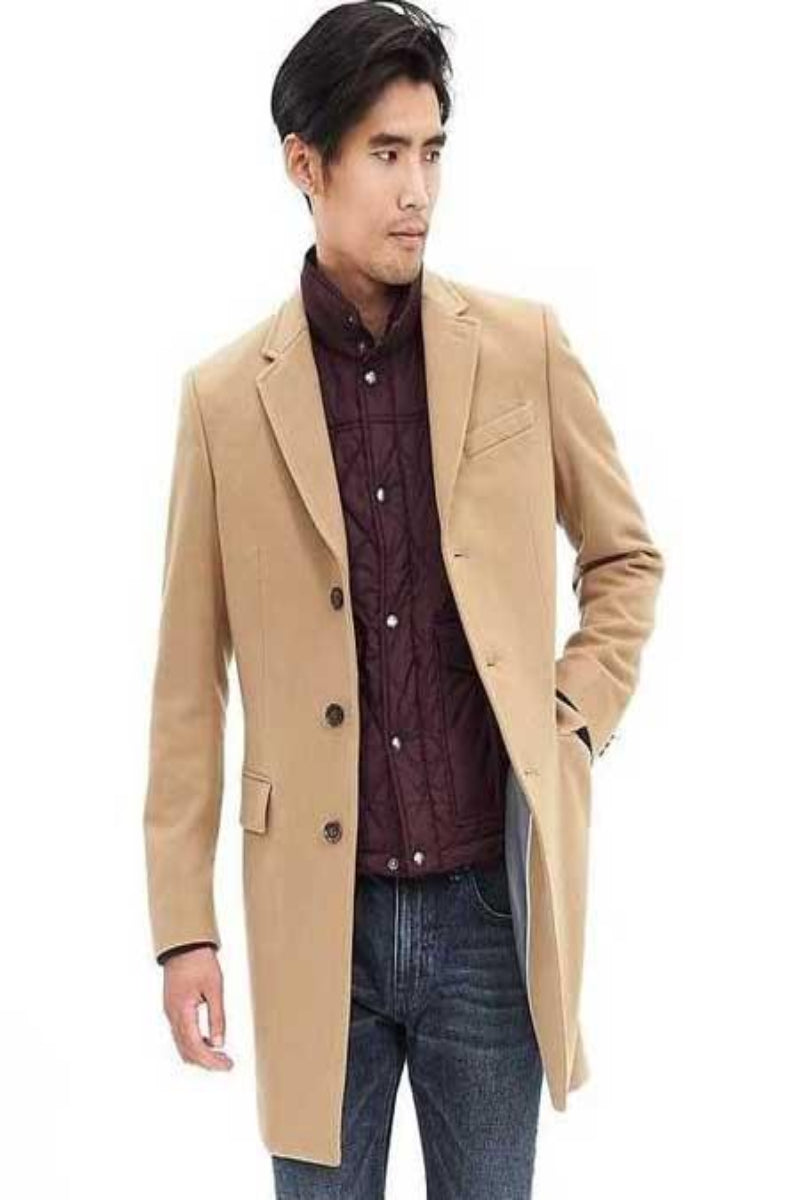 Mens Overcoat Three Quarters Length Men's Long Jacket Dress Coat Camel Wool Blend 3 Button Men's Carcoat ~ Designer Men's Wool Men's Peacoat Sale USA Men's Outlet