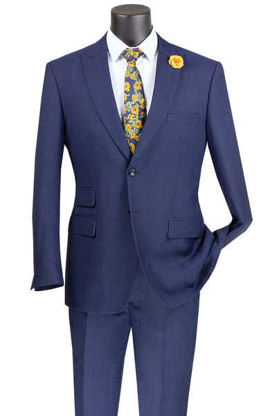 Mens Blue Plaid Peak Lapel Suit by Vinci Suits