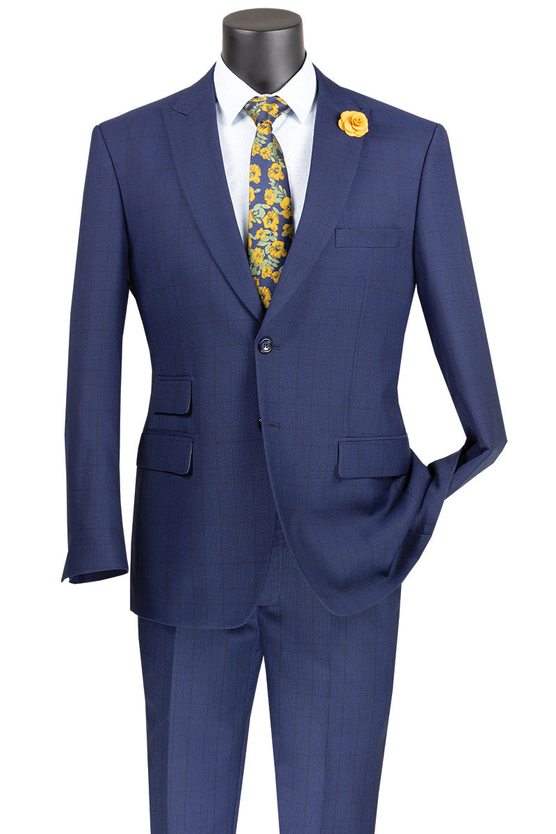 Mens Blue Plaid Peak Lapel Suit by Vinci Suits