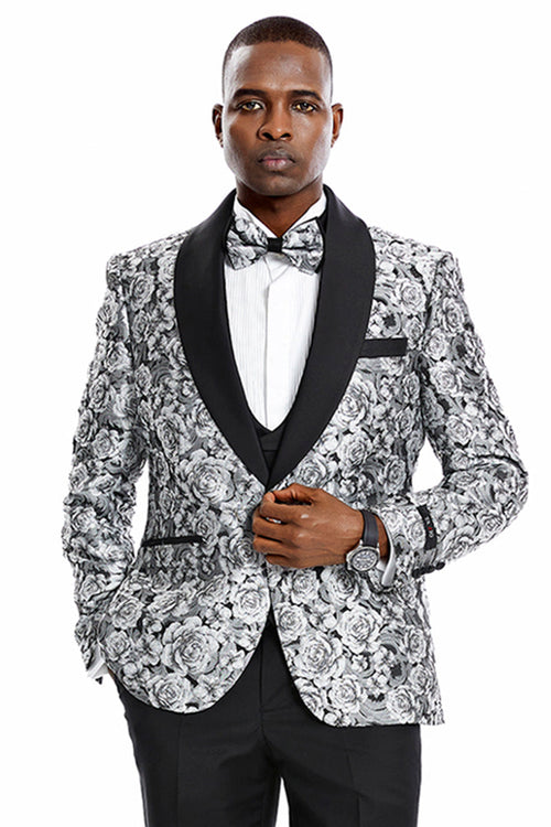 Men's Silver Paisley Tuxedo with Slim Fit Cut