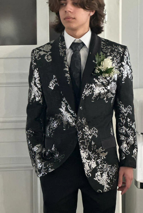 Black/Silver Prom Tuxedo Suit - Black/Silver Wedding Suit - Men's Shawl Collar Wedding Tuxedo Blazer In Black With Silver Foil Paisley