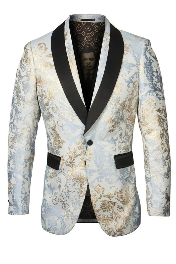 Black/Gold Prom Tuxedo Suit - Black/Gold Wedding Suit - Men's Shawl Collar Wedding Tuxedo Blazer In White With Gold Foil Paisley PROMTUXEDO