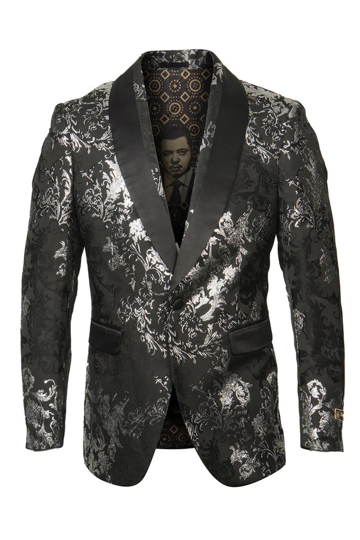 Black/Silver Prom Tuxedo Suit - Black/Silver Wedding Suit - Men's Shawl Collar Wedding Tuxedo Blazer In Black With Silver Foil Paisley
