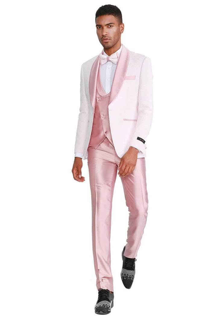 Pink Prom Tuxedo Suit -Pink Wedding Suit - Men's One Button Vested Paisley Prom & Wedding Tuxedo With Satin Vest And Pants