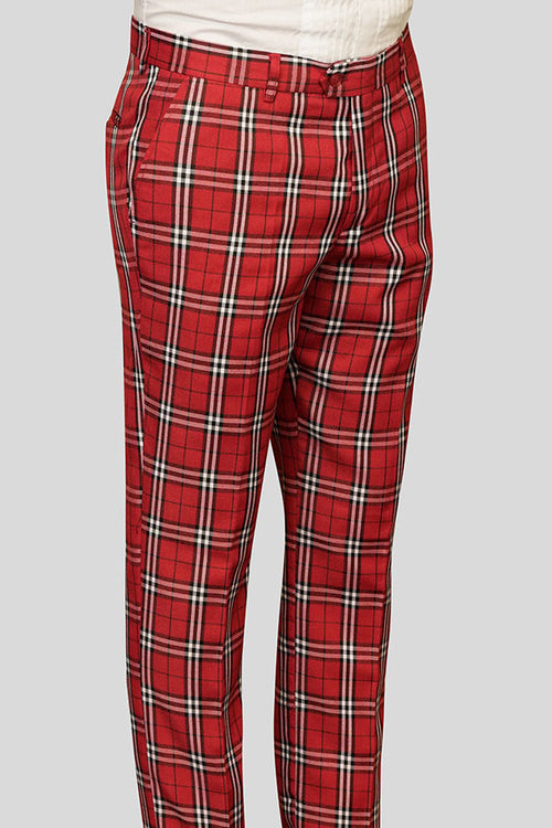 Men's Red Glen Plaid Wool Dress Pants