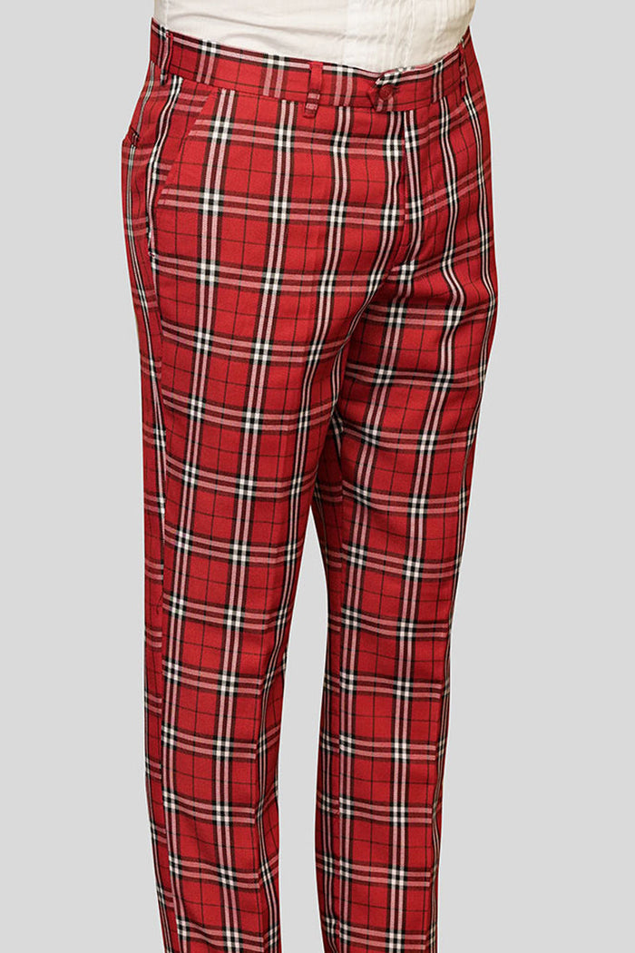 Men's Red Glen Plaid Wool Dress Pants
