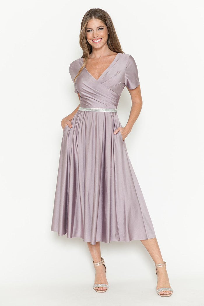 Lenovia 5274 V-Neck Short Sleeve Midi Cocktail Dress with Rhinestone Waist Formal & Wedding Guest Attire