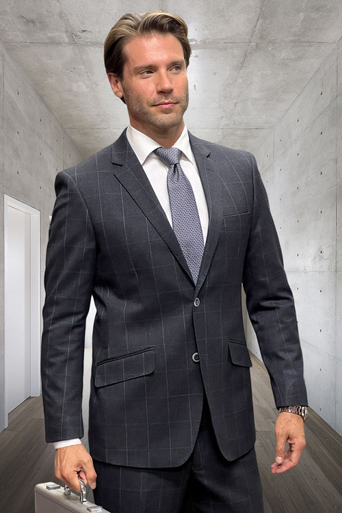 Men's Charcoal Windowpane Wool Suit by Statement Suits