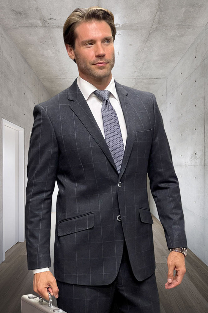 Men's Charcoal Windowpane Wool Suit by Statement Suits