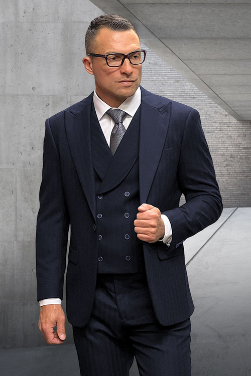 Men's Black Pinstripe Wool Suit with Peak Lapel