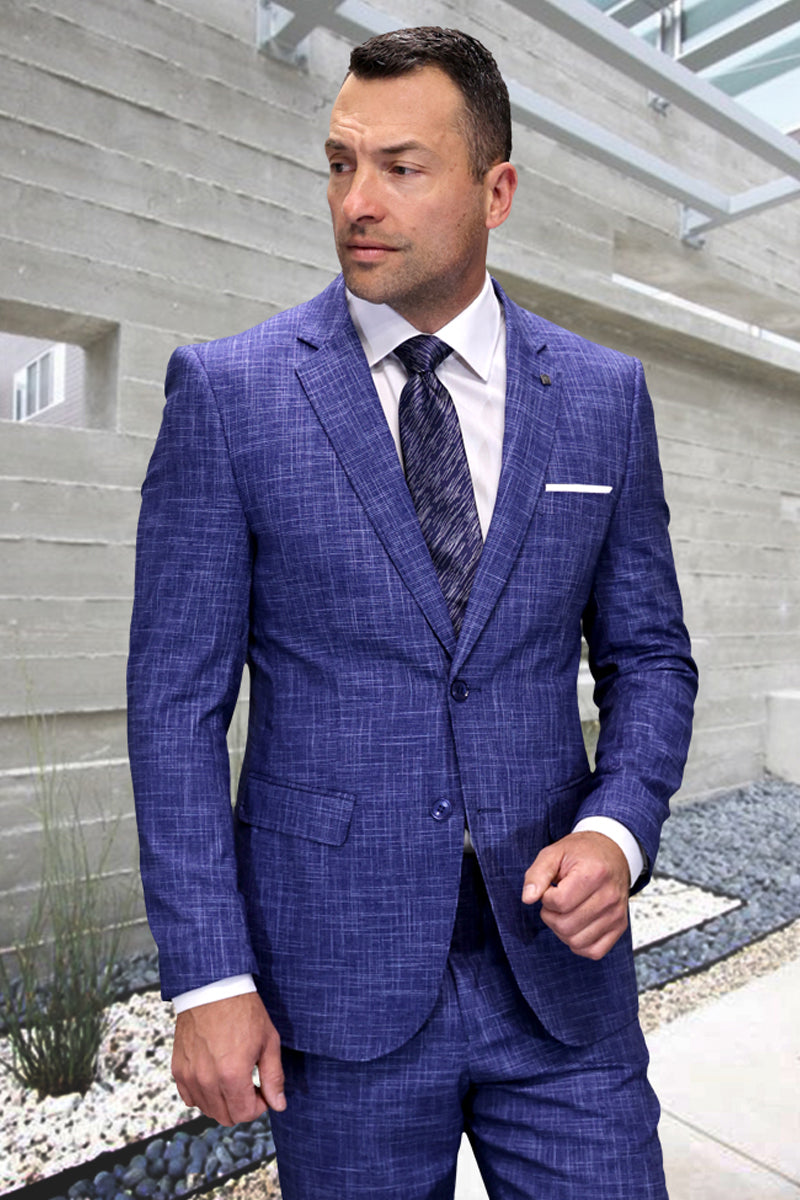 Men's Designer Modern Fit Italian Wool Suit in Sapphire Blue Plaid – SuitUSA