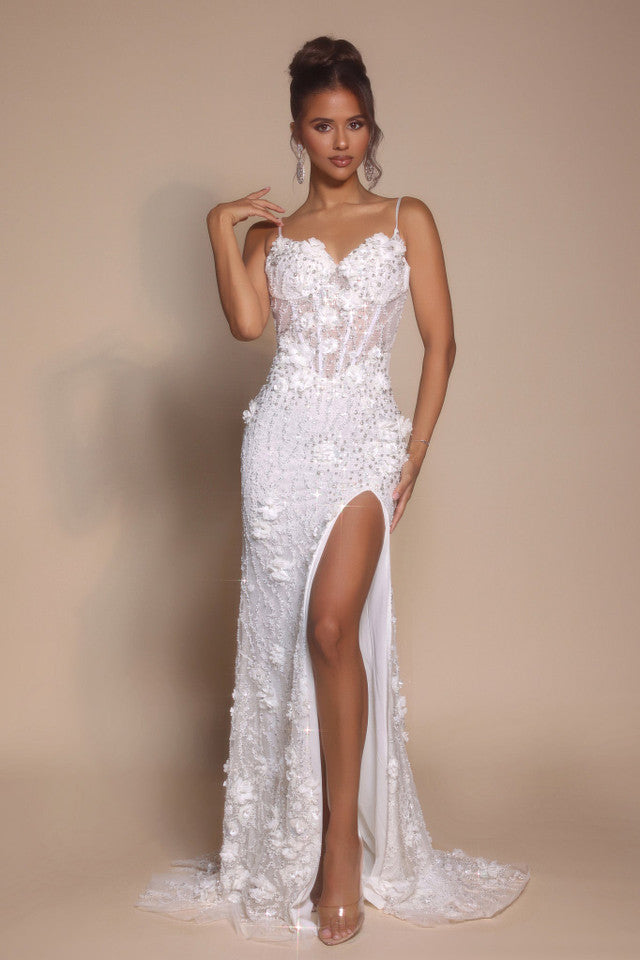 Floral Beaded Corset Evening Gown with Slit Spaghetti Strap Prom Dress by Portia & Scarlett PS25294