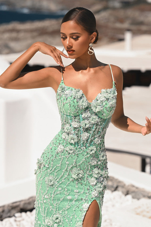 Floral Beaded Corset Evening Gown with Slit Spaghetti Strap Prom Dress by Portia & Scarlett PS25294