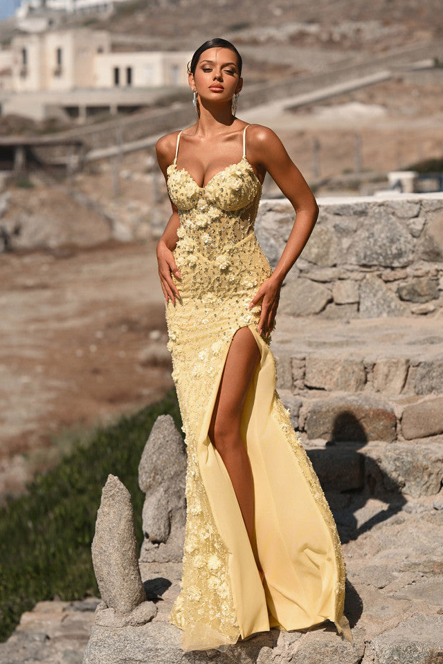 Floral Beaded Corset Evening Gown with Slit Spaghetti Strap Prom Dress by Portia & Scarlett PS25294