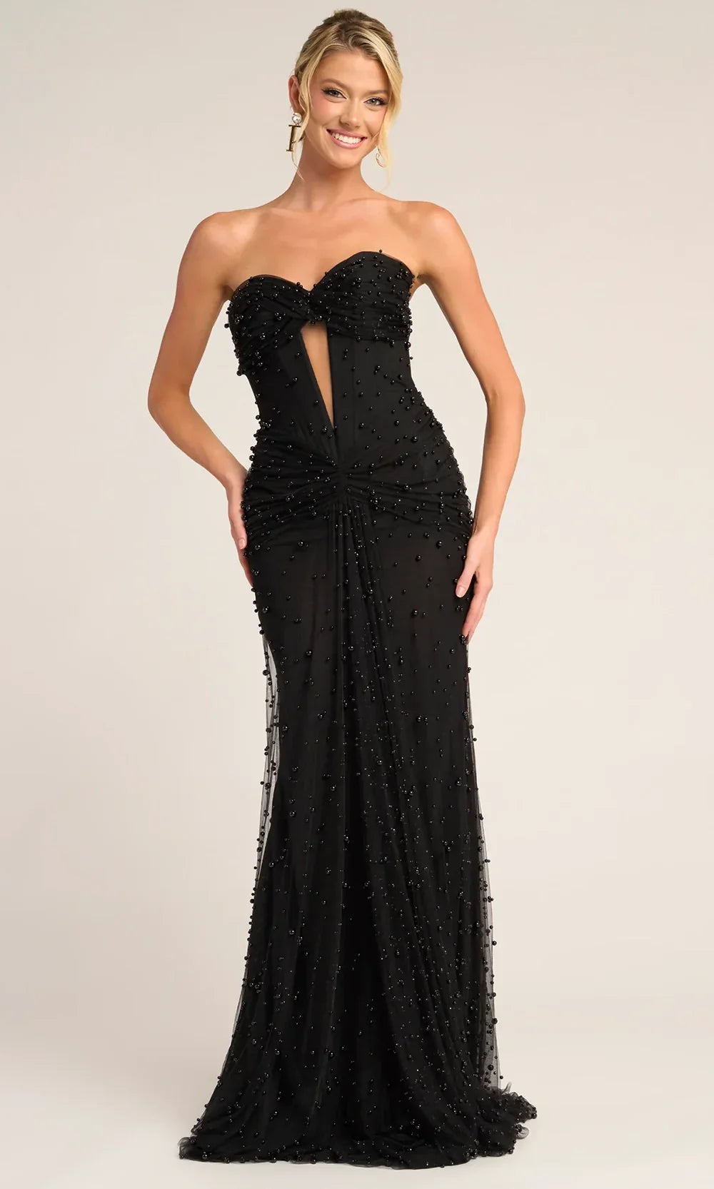 Beaded Sheath Evening Gown with Sheer Corset Bodice Formal Prom Dress Portia and Scarlett PS26022