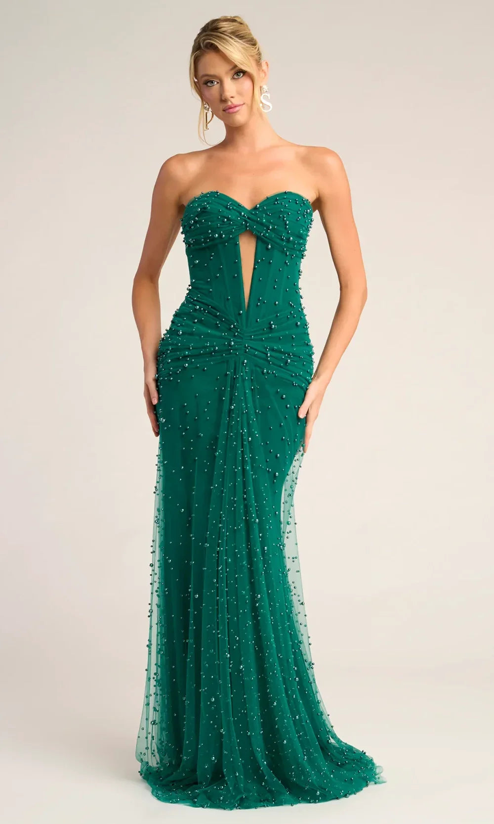 Beaded Sheath Evening Gown with Sheer Corset Bodice Formal Prom Dress Portia and Scarlett PS26022