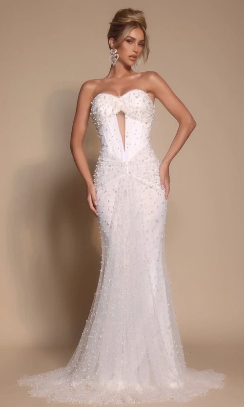 Beaded Sheath Evening Gown with Sheer Corset Bodice Formal Prom Dress Portia and Scarlett PS26022