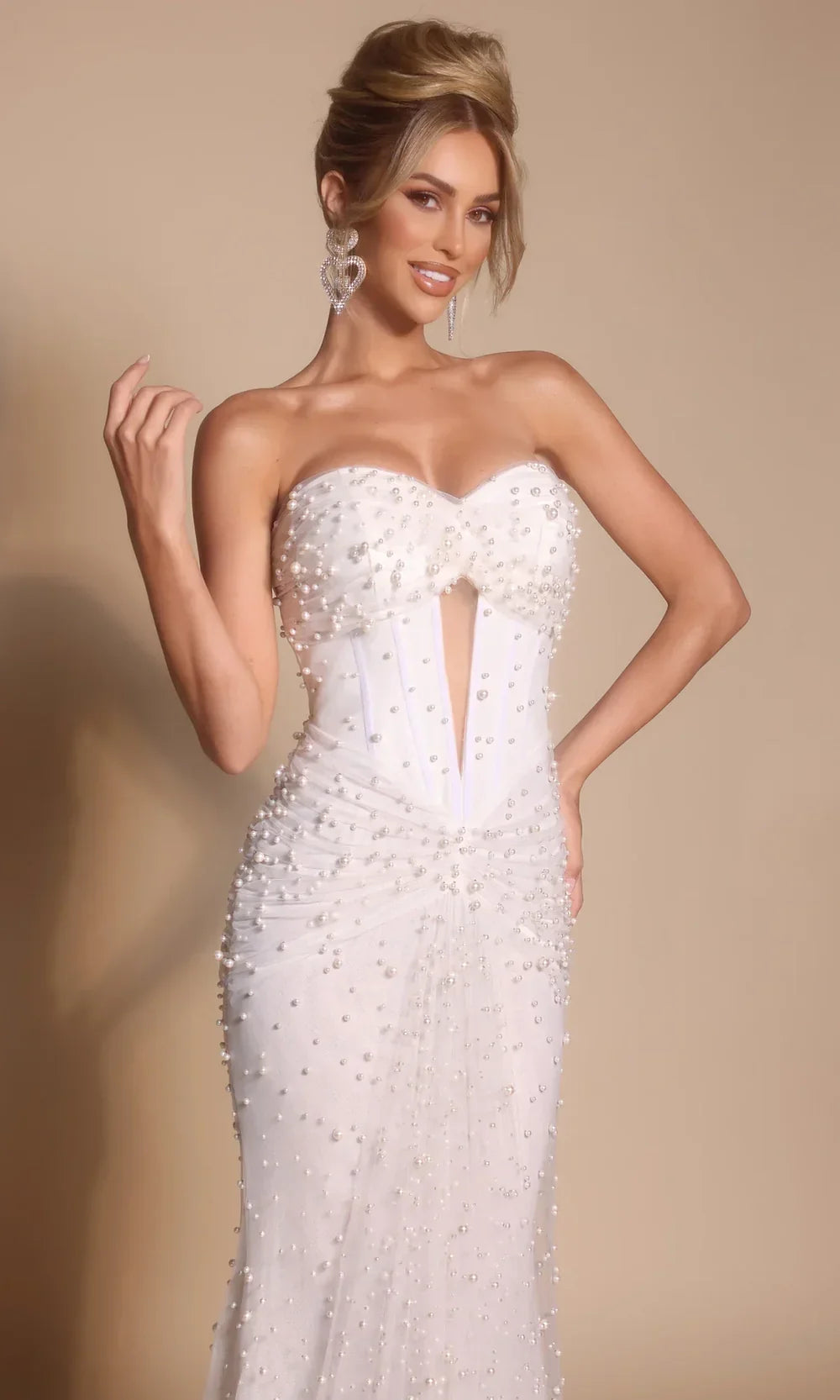 Beaded Sheath Evening Gown with Sheer Corset Bodice Formal Prom Dress Portia and Scarlett PS26022