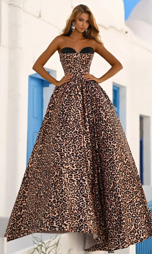 Leopard Print Ball Gown Strapless Sweetheart Corset Bodice Dress by Portia and Scarlett PS26188