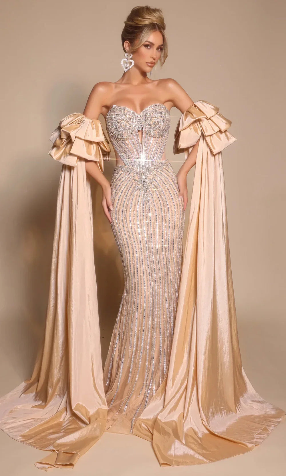 Beaded Strapless Mermaid Gown with Detachable Satin Cape Sleeves by Portia and Scarlett PS26195 – SuitUSA