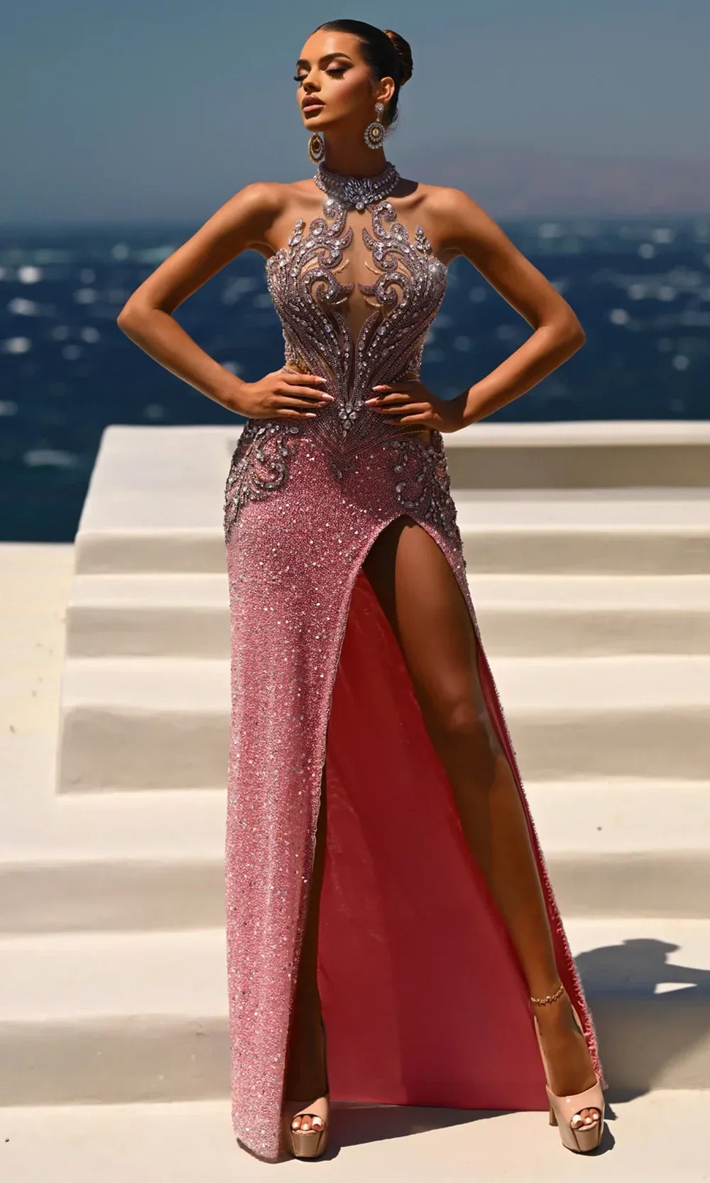 Beaded Strapless Gown with High Slit Luxe Sequin Embellished Dress by Portia & Scarlett PS26436C