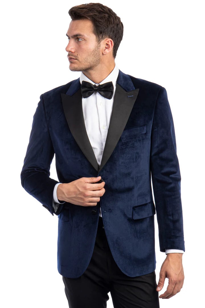 Navy Prom Tuxedo Suit - Navy Wedding Suit - Men's Two Button Peak Lapel Velvet Wedding & Prom Tuxedo Jacket In Navy Blue