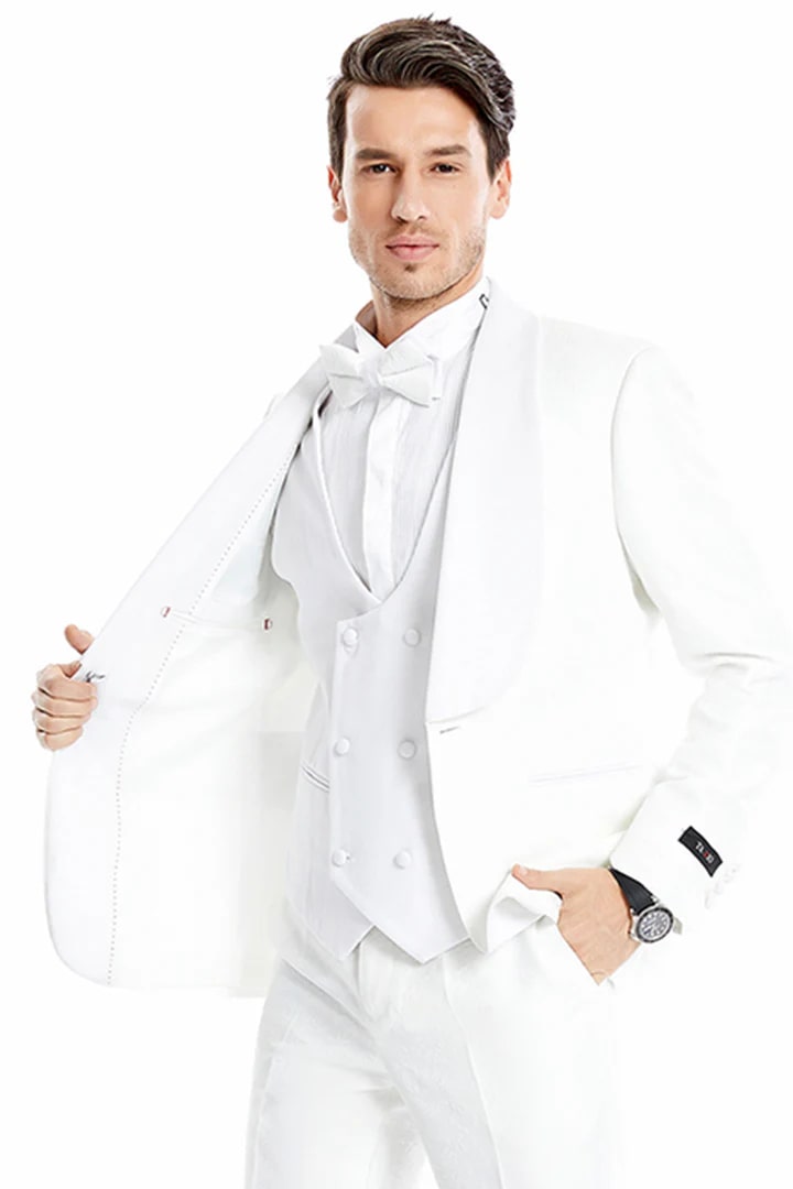 White  Prom Tuxedo Suit - White Wedding Suit - Men's One Button Vested Wide Shawl Lapel Lace Style Paisley Prom & Wedding Tuxedo