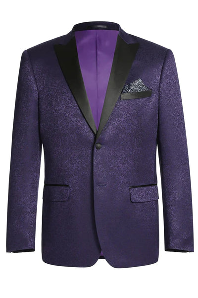 Purple Prom Tuxedo Suit - Purple Wedding Suit - Mens Two Button Peak Lapel Paisley Prom Tuxedo Blazer In Purple by PROMTUXEDO