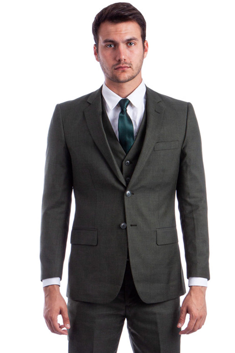 Men's Olive Green Sharkskin Suit with Vest by Tazio