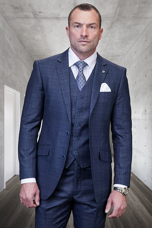 Men's Designer Two Button Vested Wool Suit in Indigo Blue Plaid by Statement