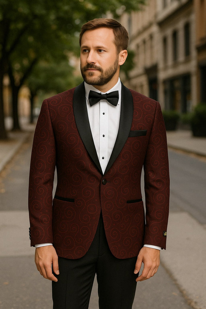 Paisley-300 Burgundy and Black Tuxedo Blazer with Bow Tie by USA Men's Outlet