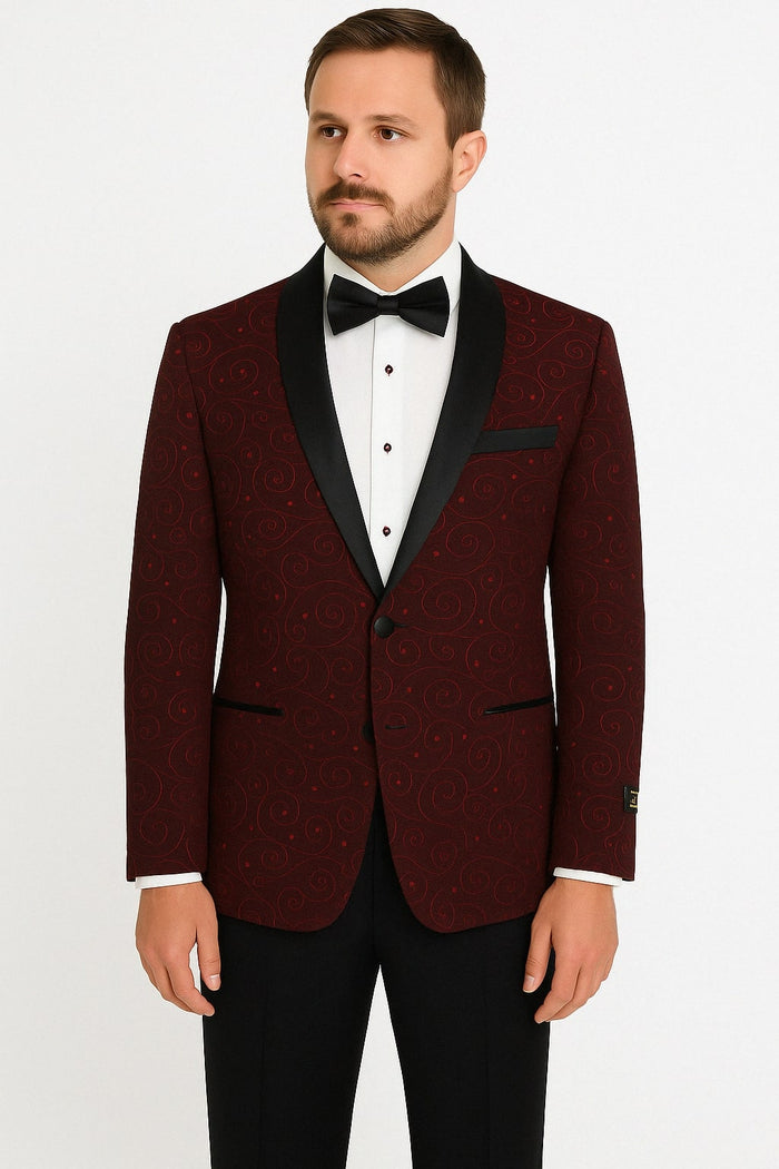 Paisley-300 Burgundy and Black Tuxedo Blazer with Bow Tie by USA Men's Outlet