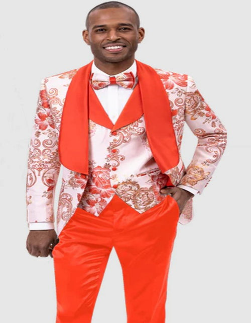 Mens Vested One Button Shawl Lapel Paisley Prom Tuxedo in Orange