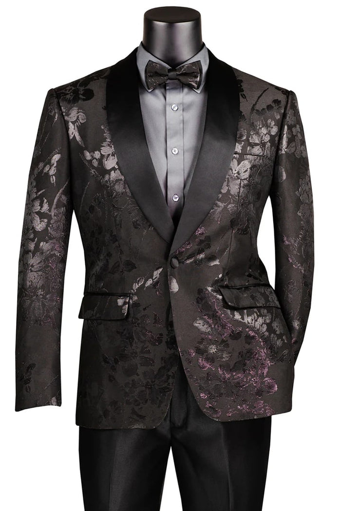 Black Prom Suit - Men's Shiny Foil Floral Paisley Prom & Wedding Black Tuxedo