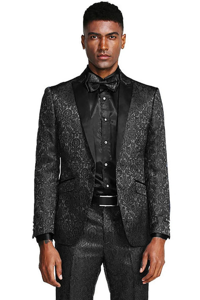 Black Prom Suit - Men's One Button Slim Fit Paisley Wedding & Prom Black Tuxedo