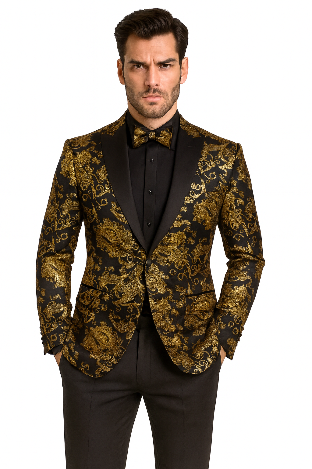 Black and Gold Prom Suit - Mens Paisley Velvet Foil Smoking Gold Jacket